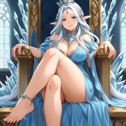 ai_generated barefoot blue_dress blue_eyes elf_ears elf_female elf_queen eogard_orc ice jewelry queen smiling_at_viewer throne white_hair