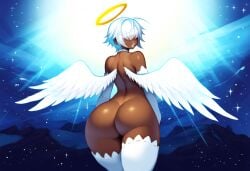 1boy ai_generated alriel angel angel_wings back black_femboy catholic christianity dark-skinned_male dark_skin elbow_gloves femboy hair_over_eyes halo heaven huge_ass light looking_back monster_femboy mullon novelai public_domain space star thick_thighs thighhighs trap voluptuous_male white_hair wings