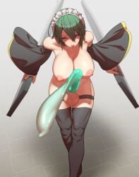 1futanari areola_slip areolae areolae_peeking arm_up armpit belly belly_button big_breasts breasts cleavage condom cum erection female futa_only futanari green_hair high_socks highres iroha maid_headdress penis samurai_shodown short_hair snk solo_futanari tights tomoyuki_kotani