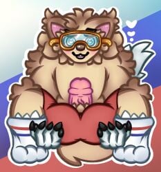 anal anthro arm_around_leg ass balls blue_clothing canid canine canis clothing domestic_dog eyewear fifa footwear genitals glasses goggles haska hi_res male mammal mascot nude penetration perineum sex snout socks solo tail topwear wolf zabivaka