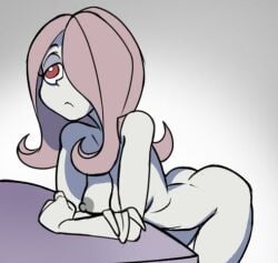 1girls arms_cross ass bent_over breasts completely_nude completely_nude_female dushon female female_only gradient_background grey_skin hair_over_one_eye little_witch_academia medium_breasts medium_hair nipple nipples nude nude_female pink_hair red_eyes simple_background solo sucy_manbavaran white_body white_skin