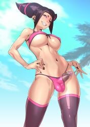 1futa 1futanari big_breasts black_hair breasts erect_penis erection futa_only futanari juri_han muscular muscular_abs muscular_arms pink_bra pink_eyes pink_hair pink_panties stockings street_fighter tomoyuki_kotani