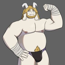 1boy anthro anthro_only asgore_dreemurr bara beard blonde_hair briefs briefs_only bulge dilf facial_hair furry furry_only goat male male_only muscular muscular_male solo solo_focus undertale undertale_(series) white_fur wrestling_outfit