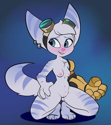 anthro baebot better_version_at_source blue_eyes breasts cyborg eyewear female fur genitals goggles lombax mammal nipples nude prosthetic prosthetic_arm prosthetic_limb pussy ratchet_and_clank rift_apart_lombax rivet_(ratchet_and_clank) simple_background smile solo video_games