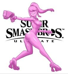 ditto ditto_copied_person generation_1_pokemon gun metroid minus8 monster nintendo pink_body pokémon_(species) pokemon pokemon_(species) ponytail purple_body samus_aran slime slime_monster super_smash_bros. transformed_ditto zero_suit_samus