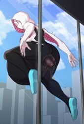 2d against_glass birth blocked_birth clothing female ghost_spider gwen_stacy human hyper_belly hyper_pregnancy interracial labor marvel marvel_comics pale_skin papa_soul pregnant public_birth spider-gwen spider-man:_into_the_spider-verse spider-man_(series) vaginal