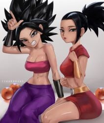 2girls adult_swim bare_arms bare_legs bare_shoulders bare_thighs black_eyes black_hair caulifla clothed clothing color dragon_ball dragon_ball_super female female_focus female_only fit_female hi_res izhardraws kale light-skinned_female light_skin long_hair looking_at_viewer saiyan solo_female tagme thick_thighs toonami