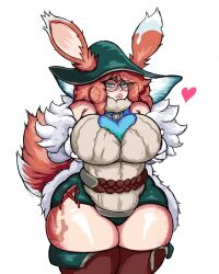 aurora_(league_of_legends) bedroom_eyes bimbo bimbo_lips bimbofication bunny_ears bunny_girl fluffy freckles fur heart huge_breasts league_of_legends littleteze plump_lips red_hair round_glasses sweater thick_thighs vastaya wide_hips witch witch_hat