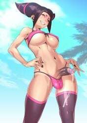 1futa 1futanari big_breasts black_hair breasts cum erect_penis erection futa_only futanari juri_han muscular muscular_abs muscular_arms pink_bra pink_eyes pink_hair pink_panties stockings street_fighter tomoyuki_kotani