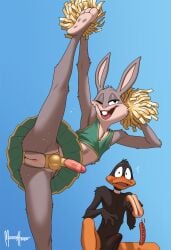 anatid anseriform anthro anus avian balls_outline beak biped bird black_body black_feathers blush buckteeth bugs_bunny bulge cheerleader circumcised circumcision_scar clothing daffy_duck detailed_bulge duck duo erection erection_under_clothing feathers femboy fur genital_outline genitals grey_body grey_fur hi_res lagomorph leporid looney_tunes male mammal meesh one_eye_closed open_mouth open_smile orange_body penis poking_out rabbit raised_leg smile teeth warner_brothers