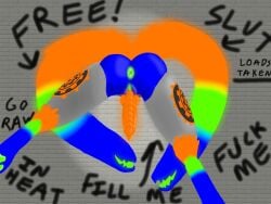 4:3 animal_genitalia anthro anus ass blue_body blue_fur digital_media_(artwork) erection fur genital_slit genitals glowing glowing_anus glowing_body glowing_fur glowing_genitalia glowing_mouth glowing_penis glowing_slit graffiti green_body green_fur gynomorph hi_res intersex knot knotted_penis living_tail machine multi_tail orange_body orange_fur orange_penis pawpads penis protogen protogen_armor public_use solo sprocket_(sprocket_the_proto) sprocket_the_proto tail through_wall unusual_anatomy unusual_tail
