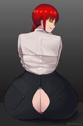 1girls alternate_ass_size alternate_version_available ass_cleavage ass_focus back_view butt_crack chainsaw_man clothed come_hither dat_ass emmarrgus female_only glowing_eyes grey_background huge_ass jeans looking_at_viewer looking_back makima_(chainsaw_man) red_hair ripped_clothing ripped_pants sitting smile smirk solo tight_clothing tight_fit tight_pants uniform white_shirt yellow_eyes