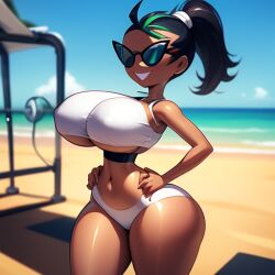 1girls ai_generated alternate_breast_size dollification female female_only huge_ass huge_breasts human knick_knack nemona_(pokemon) permanent_smile pokemon post_transformation smile solo sunglasses sunnification thick_thighs transformation wide_hips