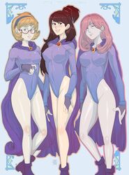 3girls akko_kagari cape cosplay dc eichh-emmm glasses holimount leotard little_witch_academia lotte_yansson multiple_girls raven_(cosplay) straight_hair sucy_manbavaran teen_titans