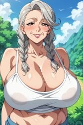 ai_generated breasts breasts_bigger_than_head cleavage collarbone elderly_female female gilf grandmother granny huge_breasts older_female solo ultrahentaisai