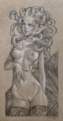 2014 daniela_uhlig deviantart greek_mythology hairless_pussy medium_breasts medusa mythological_creature nudity snake_hair stockings_only