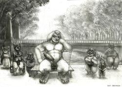 2016 2017 animal_genitalia animal_penis anthro apron arkomeda armpits ass balls bear being_watched bench big_breasts black_and_white blush boar breasts bridge bulge canine canine_penis clothed clothing detailed_background dress erection female fur hair hi_res lagomorph looking_at_viewer male male_focus mammal monochrome muscular nude open_mouth outside panda park pencil_(artwork) penis porcine public pussy rabbit river scantily_dress short_jeans sky smile standing tongue traditional_media_(artwork) tree voyeur water wolf wool