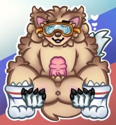 anal anthro arm_around_leg ass balls blue_clothing canid canine canis clothing domestic_dog embarrassed eyewear fifa footwear genitals glasses goggles haska heart_symbol hi_res male mammal mascot nude perineum sex snout socks solo tail topwear wolf zabivaka