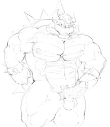 anthro balls bara boner bowser cock_ring erection fire male male_only mario_(series) monochrome muscles muscular nintendo nude penis phosbara scalie solo solo_male spiked_cock_ring