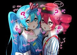 2girls ? alternate_version_available big_breasts blue_eyes blue_hair bow breast_press breasts_pressed_together choker drill_hair drooling hairbow hat hatsune_miku heart-shaped_pupils hypnosis japanese_text kasane_teto long_hair mesmerized mesmerizer_(vocaloid) mesmerizer_miku mesmerizer_teto mind_control mv_character name_tag nametag necktie overall question_mark red_eyes red_hair shadow small_breasts spoken_heart spoken_question_mark striped_shirt suggestive tie torinokawori twintails uniform vocaloid