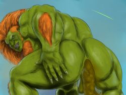 blanka blue_eyes capcom defecation digital_drawing_(artwork) dilf fart firealpaca forearm_hair hunk long_hair muscular muscular_male orange_hair scat scat sharp_claws sharp_teeth shitting steamy_shit street_fighter street_fighter_6