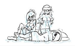 3girls big_breasts blush_lines boots dress female_only koopa koopa_girl laying_down mario_(series) masked masked_female minus8 no_color piranha_plant piranha_plant_girl shy_gal shy_guy sketch tagme tank_top wet yoshi's_island