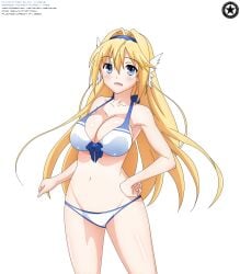 2018 akiranyo artist_logo artist_name bikini blonde_hair_female blue_eyes blue_headband blue_trim character_name elcia_harvence english_text hand_on_hip koikishi_purely_kiss shiny_skin text transparent_background vector_trace white_bikini winged_hair_ornament winged_hairband work_name