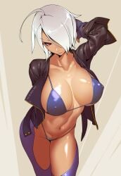 1girls angel_(kof) bra female female_focus female_only gloves jacket king_of_fighters large_breasts light-skinned_female mature_female panties pants slim_waist suit tomoyuki_kotani white_hair wide_hips