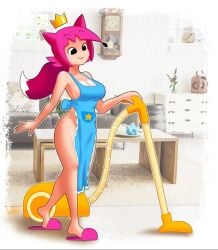 1girls apron background casual crown female fox functionally_nude human light-skinned_female light_skin minus8 outerwear pale_skin pink_hair pinkfong shaded slippers star tagme vaccum