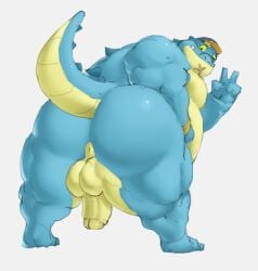 1boys anthro ass balls bent_over flaccid makara male male_only nude peace_sign penis phosbara scalie solo solo_male tokyo_afterschool_summoners