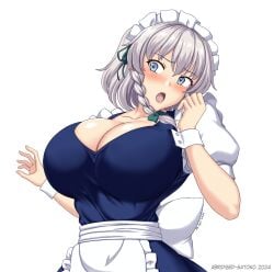 1girls abridged-satoko big_breasts blue_eyes blush cleavage cleavage_cutout huge_breasts large_breasts maid sakuya_izayoi touhou white_hair