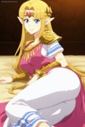 ai_generated artkoikoi bed blonde_hair blue_eyes cape clothed dress female gold nintendo on_bed pin_up princess_zelda sash shoulder_pads the_legend_of_zelda the_legend_of_zelda:_a_link_between_worlds tiara zelda_(a_link_between_worlds)