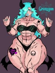 abs bat_wings bimbo_lips blacked blue_lipstick blue_makeup busty curvaceous_figure curvy_figure cyan_eyes cyan_hair demigoddess demon_girl flat_chest flat_chested gremiyun horns huge_thighs milf muscles muscular_female original_character qos qos_tattoo quads small_breasts strong_woman wide_hips wings