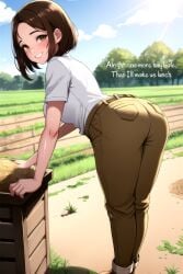 1boy 1boy1girl 1girls ai_assisted ai_generated anime_nose ass ass_focus ass_up blush breasts brown_eyes brown_hair busty caption clouds day daytime english english_text farm farmgirl female_focus front_view hay hay_bale hazel_eyes huge_breasts huge_tits_teen large_breasts male_pov original original_character outdoors outside proud sagging_breasts short_hair sky small_but_busty smile soft_breasts solo_focus speech sunlight teen teenage_girl teenager text trees white_shirt work_uniform yellow_eyes young