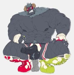 anthro balls bara boner dildo dildo_in_ass dildo_sitting erection furry horns krampus_(tokyo_afterschool_summoners) male male_only muscles muscular penis phosbara solo solo_male squatting tokyo_afterschool_summoners