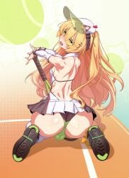 1futa ass azur_lane bache_(azur_lane) bache_(showy_sports_star)_(azur_lane) blonde_hair bulge cock-tail condom condom_filling condom_on_penis cum cum_in_condom dickgirl erection futa_only futanari green-tinted_eyewear horny intersex kneeling long_hair penis solo sunglasses testicles tinted_eyewear tomoyuki_kotani visor