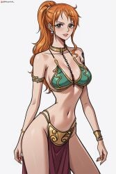 1girls ai_generated bare_arms bare_legs bare_shoulders bare_thighs big_breasts clothed clothing color female female_focus female_only hi_res large_breasts light-skinned_female light_skin long_hair looking_at_viewer nami nami_(one_piece) one_piece orange_eyes orange_hair post-timeskip princess_leia_organa_(cosplay) prixmal shounen_jump slave slave_bikini slave_collar slave_leia slave_leia_(cosplay) slave_outfit slavegirl solo solo_female tagme thick_thighs