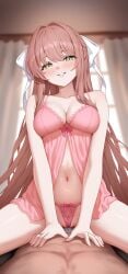 1boy 1girls blush breasts brown_hair cowgirl_position doki_doki_literature_club duo female lingerie long_hair male monika_(doki_doki_literature_club) panties secon smile straddling thighs underwear