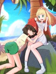 2girls aldrichpudding alolan_exeggutor beach belly_rub black_hair blonde_hair breasts clothed clothing cute embarrassed female fully_clothed futanari green_eyes hand_on_another's_stomach human light-skinned_female light_skin lillie_(pokemon) long_hair nude outside pokemon pokemon_sm ponytail pregnant pregnant_belly pregnant_female ready_to_pop selene_(pokemon) smiling surprised tagme