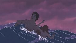 16:9_aspect_ratio 1boy 1girls 80s accurate_art_style ariel ariel_(the_little_mermaid) black_hair breasts brown_hair canon_couple completely_nude convenient_censoring disney height_difference human_girl human_only long_hair looking_up muscular mythology ocean outstretched_arms partially_submerged prince_eric princess purple_sky red_hair royalty scared short_hair sideboob size_difference someraindropsonroses_(artist) swimming teenage_girl teenager the_little_mermaid the_little_mermaid_(1989_film) thunderstorm twilight upper_body wading wet_hair wide-eyed