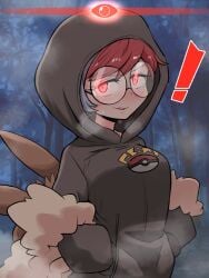 alpha_pok&eacute;mon alpha_pokegirl big_breasts black_hoodie glasses glowing_eyes hoodie kurachi_mizuki nintendo penny_(pokemon) pokeball pokemon pokemon_sv red_eyes