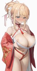 1girls azur_lane blonde_hair blue_eyes blush breast_growth breasts cleavage curvy female flower full-face_blush glorious_(azur_lane) glorious_(pungent_plum)_(azur_lane) grabbing_own_breast hair_flower hair_ornament hairpin highres huge_breasts large_breasts light-skinned_female light_skin navel nyatabe official_alternate_costume revealing_clothes royal_navy_(azur_lane) simple_background solo thighs veins veiny_breasts white_background wide_sleeves worried