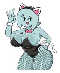 1girls anthro anthrofied big_breasts big_tits boo_(mario) bowtie bunnysuit cat_ears cat_tail eyelashes fangs female fishnets ghost ghost_girl hair hand_on_hip hand_sign humanoid humanoid_hands innuendo lahla looking_at_viewer mario_(series) osakana2gou paper_mario peeka slim smile smiling_at_viewer thick_thighs thighs