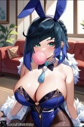 1girls ai_generated big_breasts blue_eyes bubble_blowing bubble_gum bunny_girl bunnysuit chewing_gum female gum milf miss_io yelan_(genshin_impact)