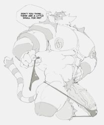 anthro balls bara big_balls big_penis boner erection furry incineroar male male_only monochrome muscles muscular nintendo nipple_piercing penis phosbara pokemon solo solo_male speech_bubble