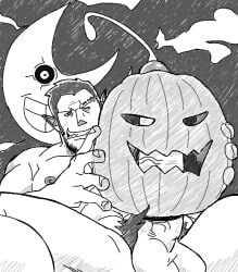 aries03220 balls bara beard_stubble big_balls big_penis boner erection free_(soul_eater) fucking_pumpkin humanoid_pointy_ears male male_nipples male_only male_pubic_hair masturbation monochrome muscular_male nipples nude penis pumpkin pumpkin_masturbation solo solo_male soul_eater werewolf