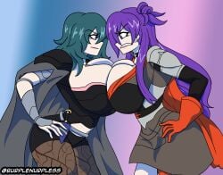 2girls angry bare_midriff bare_thighs bent_over blue_background blue_eyes bodice breast_press breasts burplenurpless byleth_(fire_emblem) byleth_(fire_emblem)_(female) cape choker clenched_teeth competition confident female female_only fire_emblem fire_emblem:_three_houses fire_emblem_warriors:_three_hopes glaring gloves gradient_background hair_between_eyes hair_over_one_eye hands_on_own_hips hourglass_figure huge_breasts knife leggings long_hair looking_at_another medium_hair midriff midriff_baring_shirt multiple_girls navel nintendo pantyhose purple_background purple_eyes purple_hair shez_(female)_(fire_emblem) shez_(fire_emblem) shorts skirt standing symmetrical_docking teal_hair thick_thighs very_long_hair wide_hips