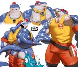 anthro ass blush bulge clothing dirtymache fish fortnite hi_res mache male male_only marine multicolored_body multicolored_skin muscular muscular_male nipples pecs safety_first_steve_(fortnite) shark shark_tail shirt shocked swimming_trunks swimming_trunks_down swimwear tank_top topwear two_tone_body two_tone_skin whistle_around_neck