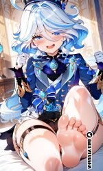 ai_generated blush feet_up foot_fetish foot_focus furina_(genshin_impact) genshin_impact illyfurina leg_up legs_up looking_away open_legs open_mouth showing_foot shy smile spread_legs stable_diffusion teeth thighs