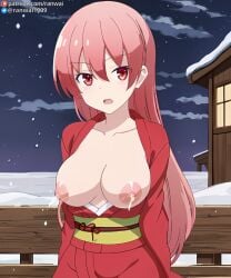 ai_generated anime breasts_out kimono lactation ranwai red_eyes red_hair stable_diffusion tonikaku_kawaii yuzaki_tsukasa